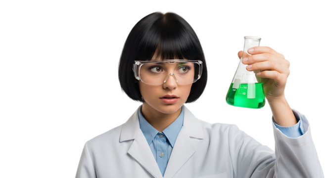 Curious Young Woman Scientist Concentratedly Holding a Flask with Green Liquid in a Lab Coat and Safety Goggles Isolated on a Transparent Background