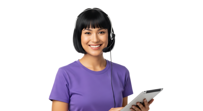 Smiling young woman wearing a headset and holding a tablet computer isolated on a black background representing customer service and technology