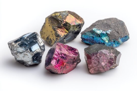 Collection of different mineral stones Perovskite and knopite crystals titanium ore calcium titanate on a white surface