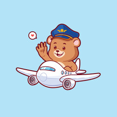 Cute bear pilot flying a plane vector mascot logo. Animal transportation icon concept illustration