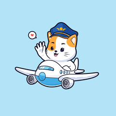 Cute cat pilot flying a plane vector mascot logo. Animal transportation icon concept illustration