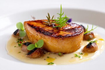 Pan fried foie gras gourmet French cuisine on a white backdrop