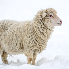 Fototapeta premium A fluffy white sheep stands in the snow isolated on transparent background