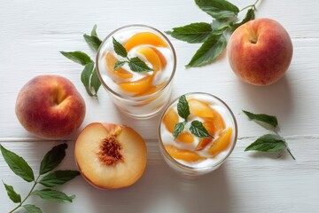 Peach yogurt summer treat on a white wooden surface Bird s eye view