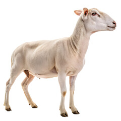 Fototapeta premium A white ewe stands isolated on transparent background, its profile captured in a fullbody shot