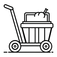 Simple black and white line art icon of a cleaning cart