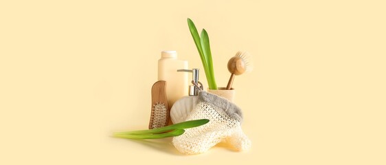 Composition with spa supplies on light yellow background