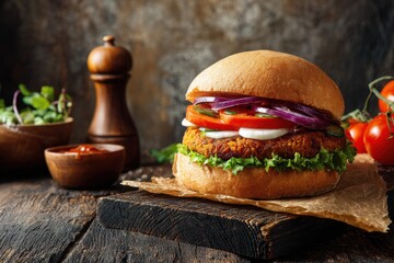 Plant based burger on a farmhouse table accompanied by dressing and greens