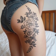 Detailed black and grey floral tattoo featuring vintage roses and leaves on the upper thigh, showcasing elegant botanical ink design.
