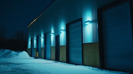 Illuminated Exterior of a Chilled Warehouse Featuring Nighttime Operations Under Moonlight Glow