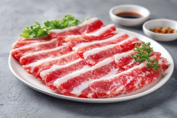 Fototapeta premium Pork belly slices for shabu served on a white plate against a grey backdrop