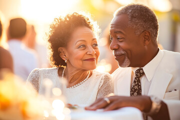 Elderly couple, joyful black man and woman, share tender gaze at a sunlit outdoor gathering with soft bokeh. Concept of anniversary celebration, companionship in love and shared moments in later life