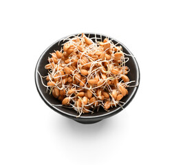 Bowl with sprouted wheat on white background