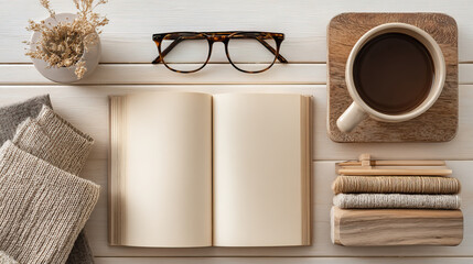 Flat lay of an open notebook, stylish glasses, and coffee mug on transparent background

