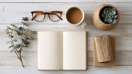 Flat lay of an open notebook, stylish glasses, and coffee mug on transparent background

