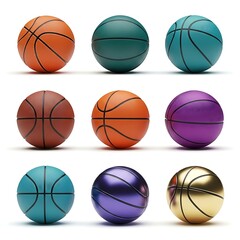 Nine basketballs of different colors are arranged in a grid pattern. The balls exhibit a variety of hues