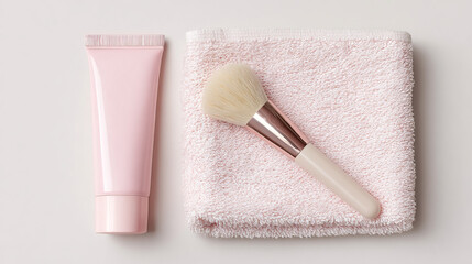 Flat lay of pastel pink cosmetic tube and soft makeup brush on transparent background

