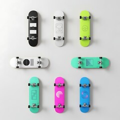 A collection of colorful skateboards hung against a wall, showcasing a range of vibrant designs and styles. Each skateboard has unique design. 