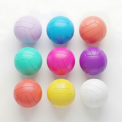 A collection of colorful volleyballs, perfectly arranged in a grid formation. The vibrant spheres, each with their unique hues, are ready for play.