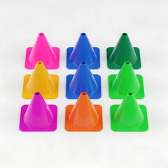 A set of nine colorful traffic cones arranged in a grid formation. Each cone is a different vibrant color, creating a visually appealing display