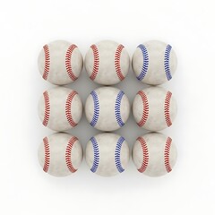 Nine baseballs arranged in a square, showcasing their seams and textures, evoking the essence of the game