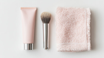 Flat lay of pastel pink cosmetic tube and soft makeup brush on transparent background

