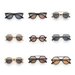 Stylish sunglasses collection with assorted designs and colors. Each pair is unique in shape and aesthetic appeal