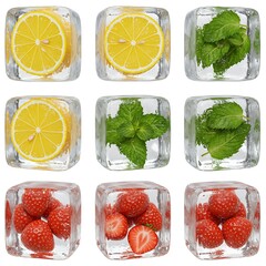 Nine ice cubes with lemon, mint, and strawberries, a refreshing composition