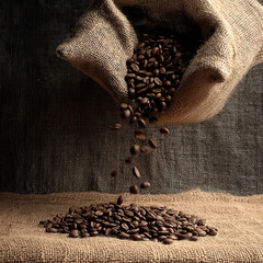 Natural light composition of a burlap sack dropping coffee beans on transparent background

