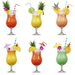 A vibrant array of six colorful tropical cocktails with various fruit garnishes and straws. Each glass is filled with a different enticing concoction