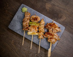 Chicken skewers on a plate