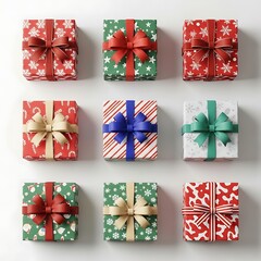 Nine beautifully wrapped gifts with colorful ribbons and patterns