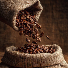 Natural light composition of a burlap sack dropping coffee beans on transparent background

