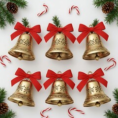 Holiday bells arranged with candy canes and pine decorations, ready to celebrate. The golden bells are adorned with red bows