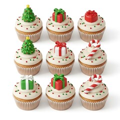 Festive cupcakes with holiday decorations. The scene is composed of nine cupcakes, each adorned with unique Christmas-themed decorations