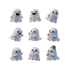 A set of adorable cartoon ghosts with a variety of expressions. They evoke feelings of fun and playfulness, each ghost displaying a unique emotion