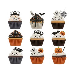 Nine festive cupcakes decorated with Halloween-themed toppers, perfect for a spooky celebration! Each cupcake is adorned with a unique design, including spiders, ghosts, bats, and pumpkins.