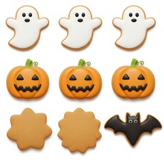 Halloween cookies with pumpkins, ghosts, and bat shapes. Delicious and festive, perfect for a Halloween gathering.