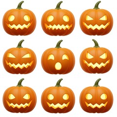 Nine carved pumpkins with unique expressions on a light background, each with a glowing light and a playful personality