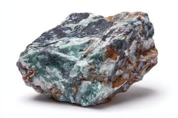 Natural specimen of serpentinite a magnesium phyllosilicate metamorphic rock with serpentine lizardite antigorite and chrysotile set against a white background