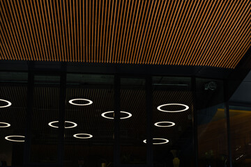 Photo shows a contemporary ceiling with wooden slats and circular LED lights reflected in glass....