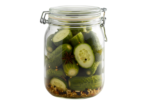 Crisp Dill Pickles in a Glass Jar A CloseUp View isolated on transparent background
