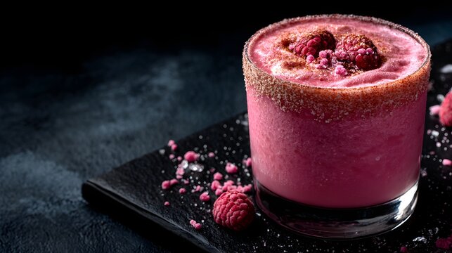 Vibrant Pink Drink on Elegant Black Plate