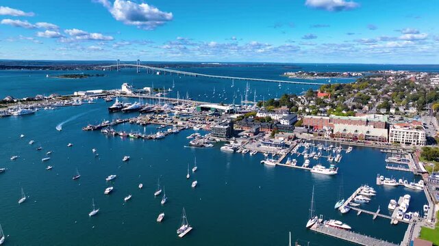 Newport Harbor aerial view with Claiborne Pell Newport Bridge at the background in Narragansett Bay, city of Newport, Rhode Island RI, USA. 