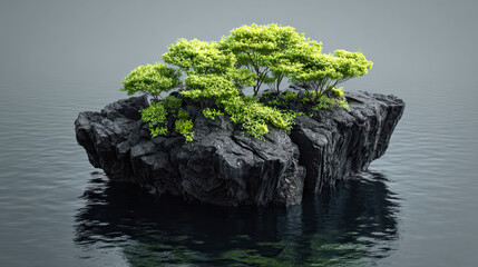 Tiny volcanic island with vivid green plants and jagged black rocks on transparent background

