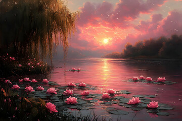 Idyllic scene with water lilies on a lake reflecting a vibrant pink and orange sunset sky