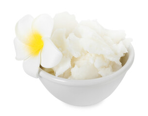 Shea butter in bowl and flower isolated on white
