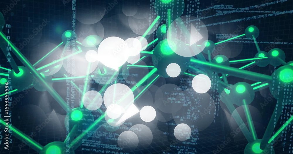 Poster displaying glowing green nodes connecting rods over dark grid, white bokeh, scrolling binary code