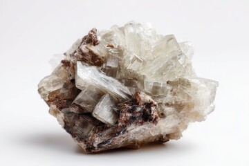 Close up shot of a rough brucite crystal on a white backdrop from a geological collection