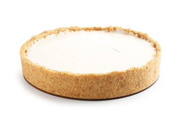 One freshly baked cheesecake isolated on white